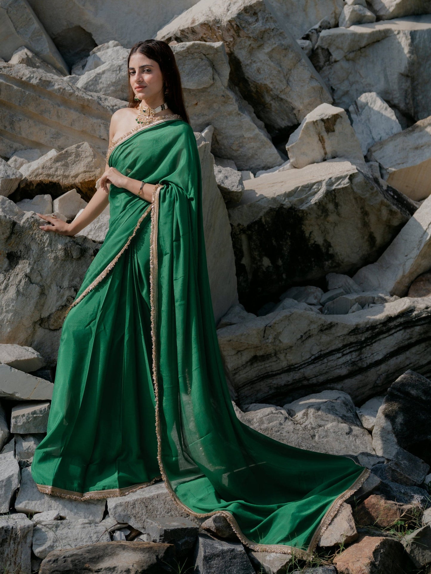Dhiyona ST Crepe Green Saree with Sequin Laces and Self Blouse Fabric