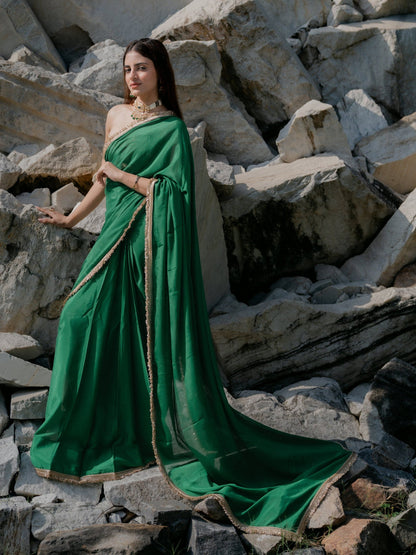 Dhiyona ST Crepe Green Saree with Sequin Laces and Self Blouse Fabric