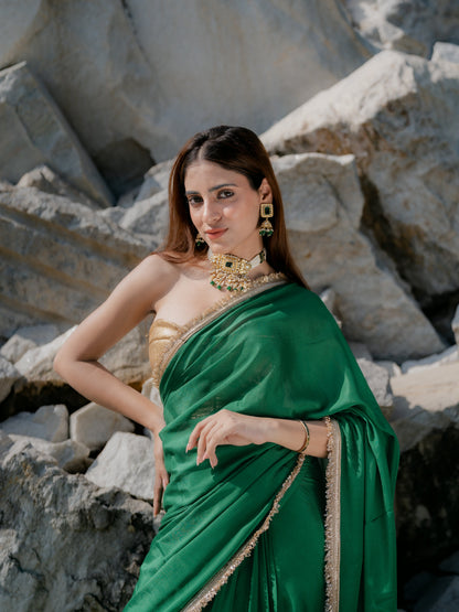 Dhiyona ST Crepe Green Saree with Sequin Laces and Self Blouse Fabric