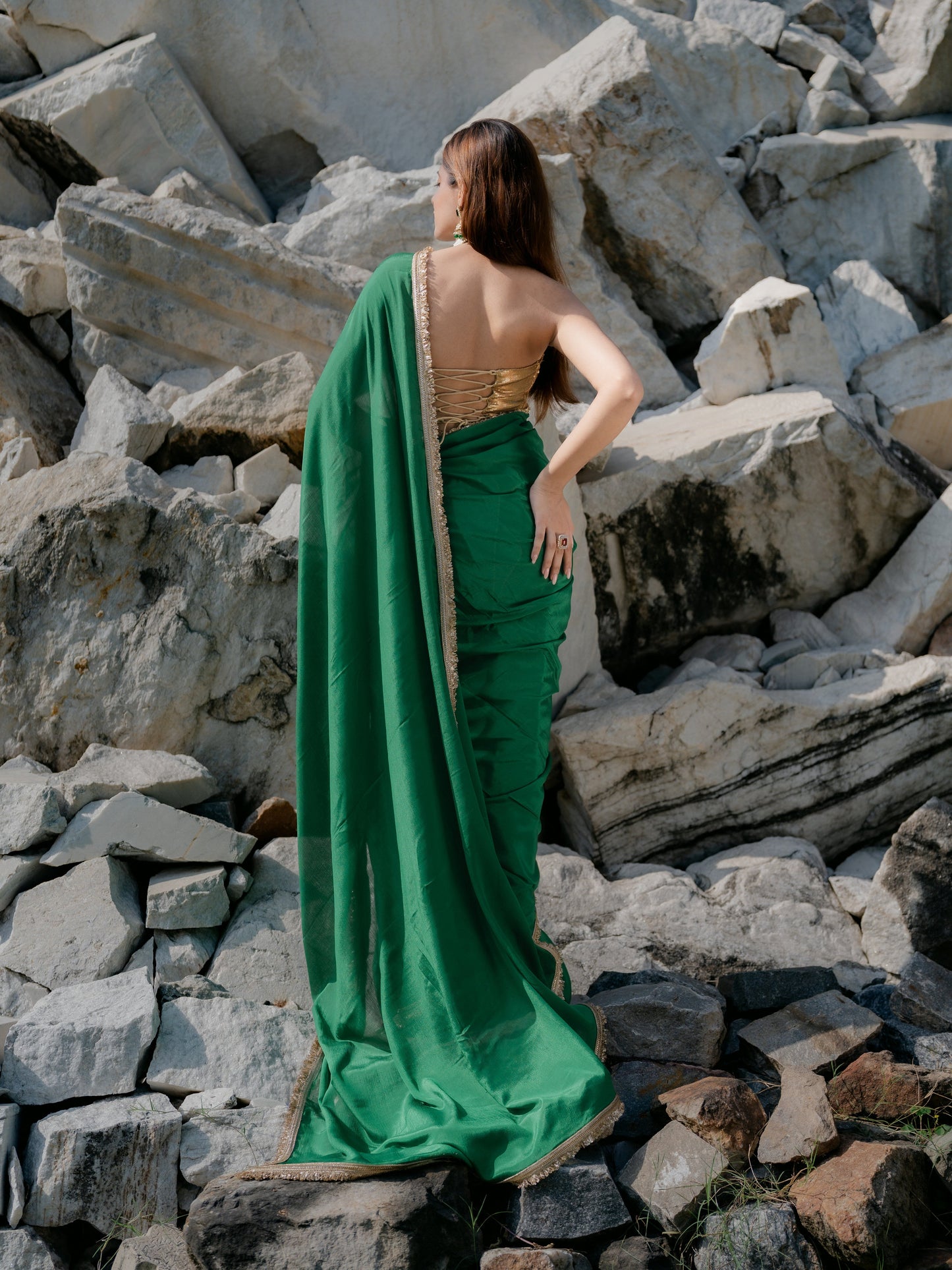 Dhiyona ST Crepe Green Saree with Sequin Laces and Self Blouse Fabric