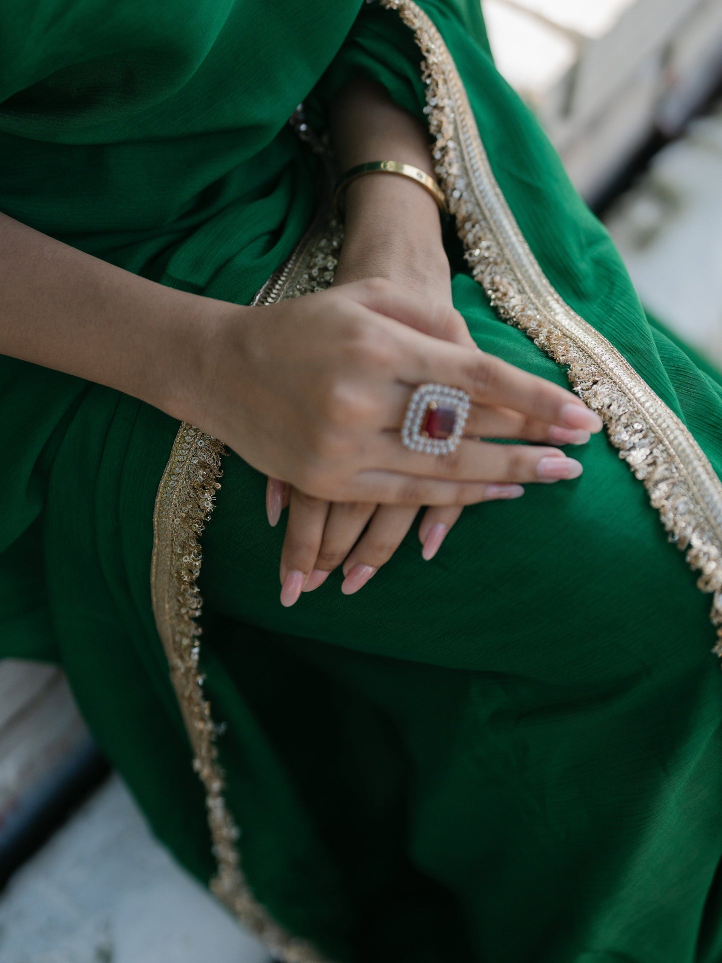 Dhiyona ST Crepe Green Saree with Sequin Laces and Self Blouse Fabric