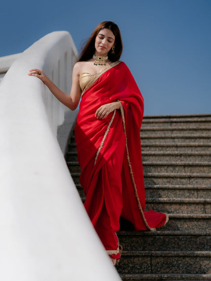 Dhiyona ST Satin Red Saree with Sequin Laces & Self Blouse Fabric