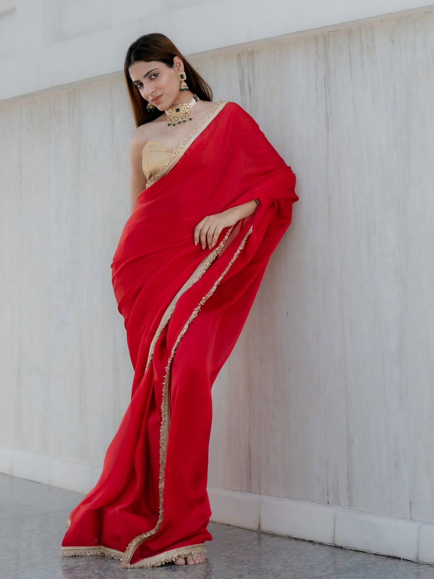Dhiyona ST Satin Red Saree with Sequin Laces & Self Blouse Fabric
