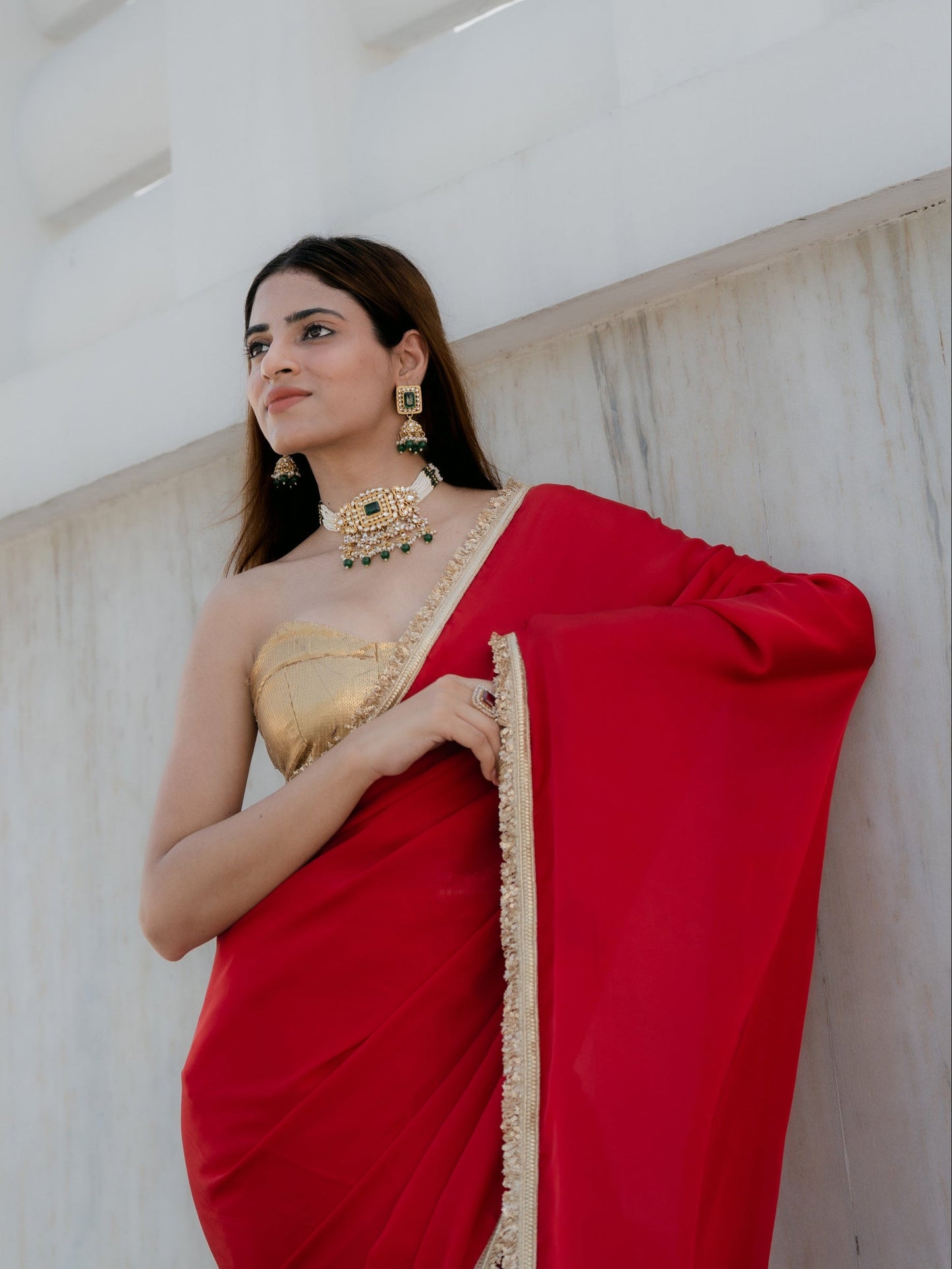 Dhiyona ST Satin Red Saree with Sequin Laces & Self Blouse Fabric