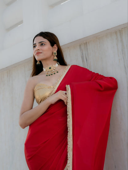 Dhiyona ST Satin Red Saree with Sequin Laces & Self Blouse Fabric