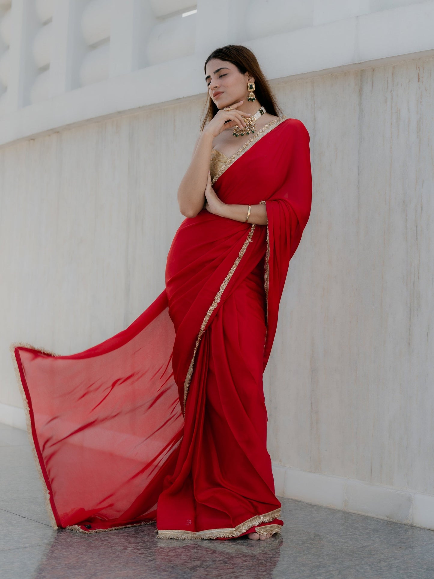 Dhiyona ST Satin Red Saree with Sequin Laces & Self Blouse Fabric