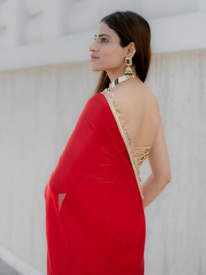 Dhiyona ST Satin Red Saree with Sequin Laces & Self Blouse Fabric