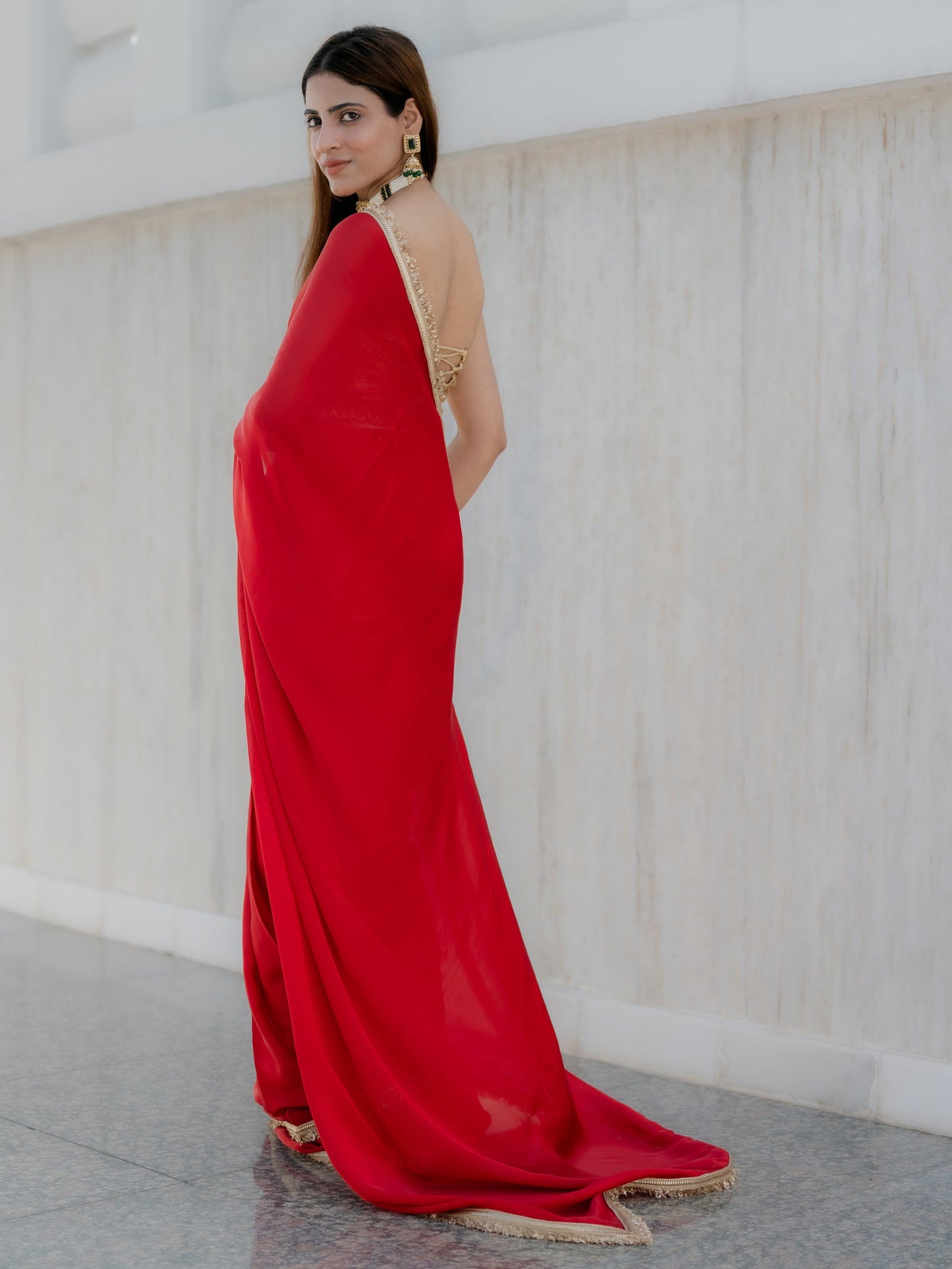 Dhiyona ST Satin Red Saree with Sequin Laces & Self Blouse Fabric