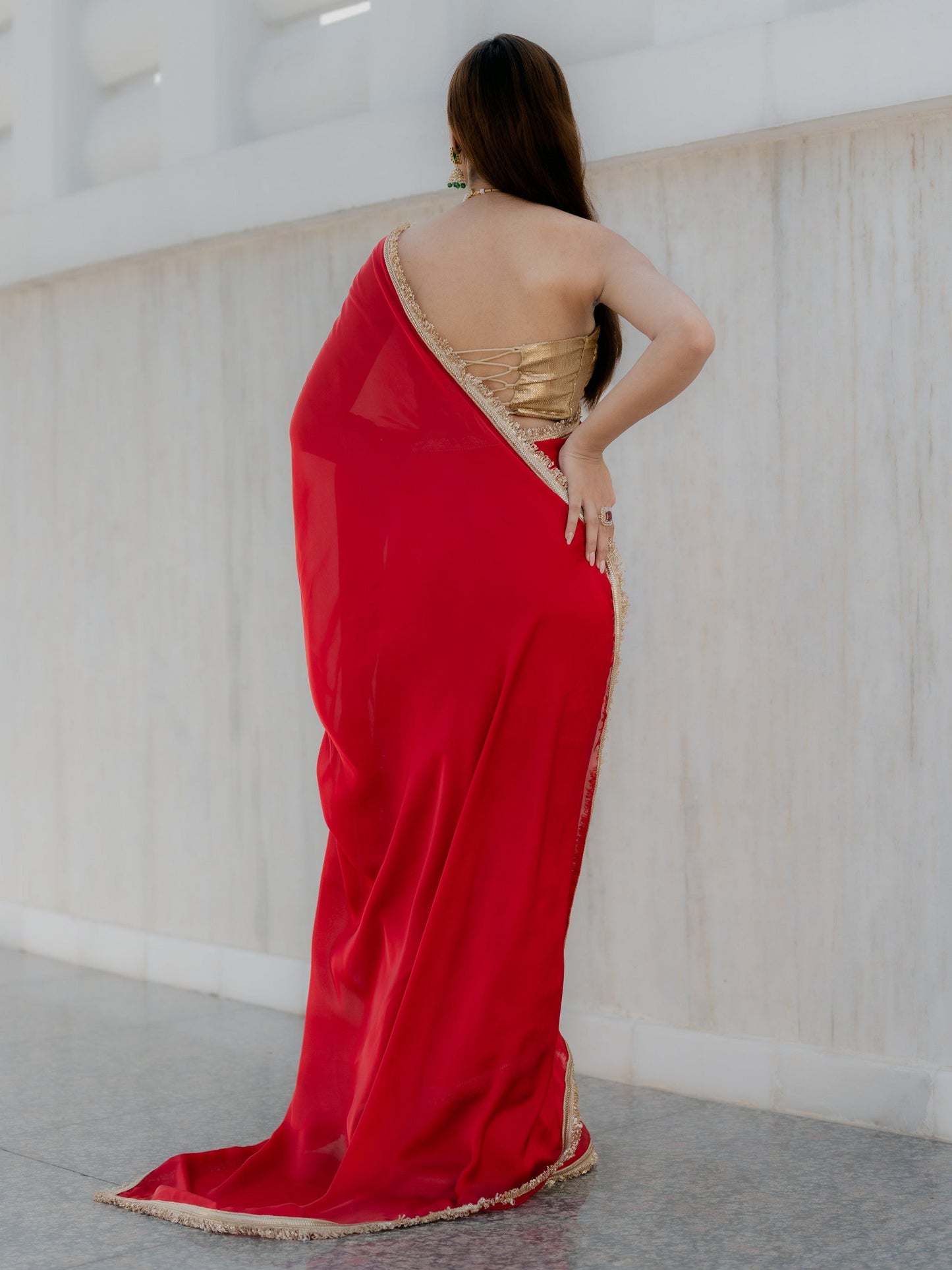 Dhiyona ST Satin Red Saree with Sequin Laces & Self Blouse Fabric
