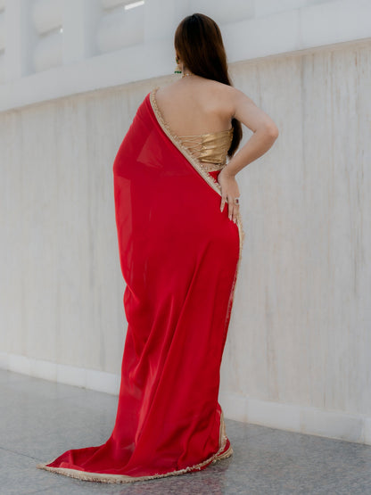 Dhiyona ST Satin Red Saree with Sequin Laces & Self Blouse Fabric