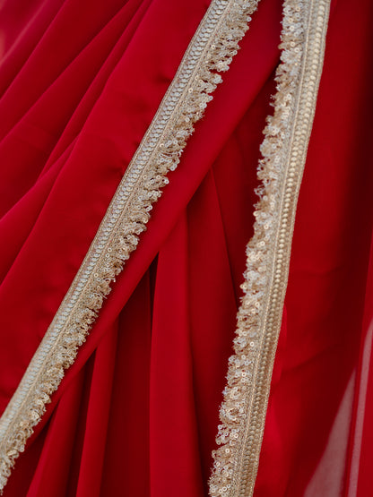 Dhiyona ST Satin Red Saree with Sequin Laces & Self Blouse Fabric