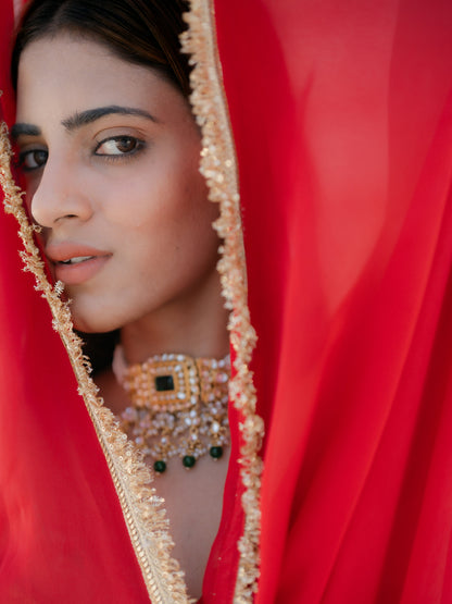 Dhiyona ST Satin Red Saree with Sequin Laces & Self Blouse Fabric
