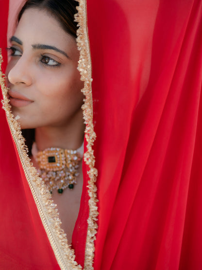 Dhiyona ST Satin Red Saree with Sequin Laces & Self Blouse Fabric