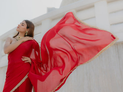 Dhiyona ST Satin Red Saree with Sequin Laces & Self Blouse Fabric