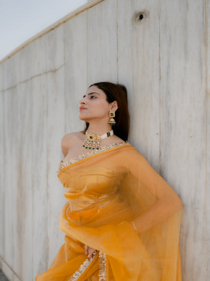 Dhiyona ST Yellow Metallic Organza Chiffon Saree with Sequin Lace & Self Blouse Fabric