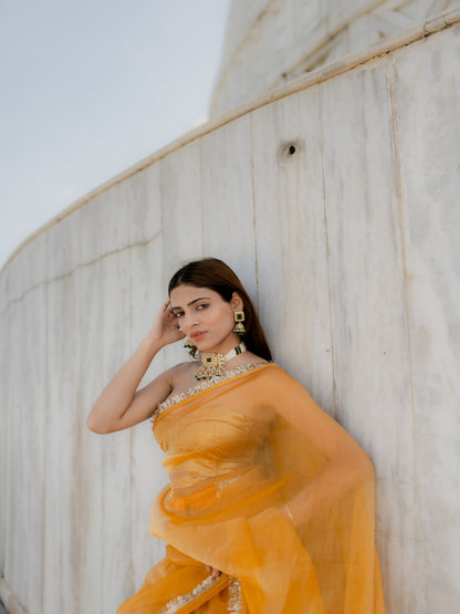 Dhiyona ST Yellow Metallic Organza Chiffon Saree with Sequin Lace & Self Blouse Fabric