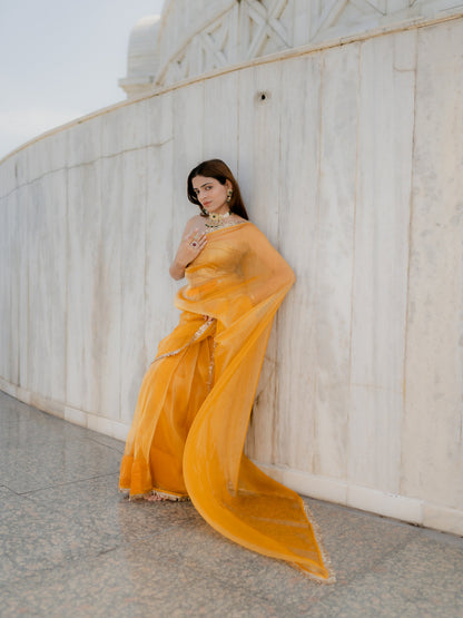 Dhiyona ST Yellow Metallic Organza Chiffon Saree with Sequin Lace & Self Blouse Fabric