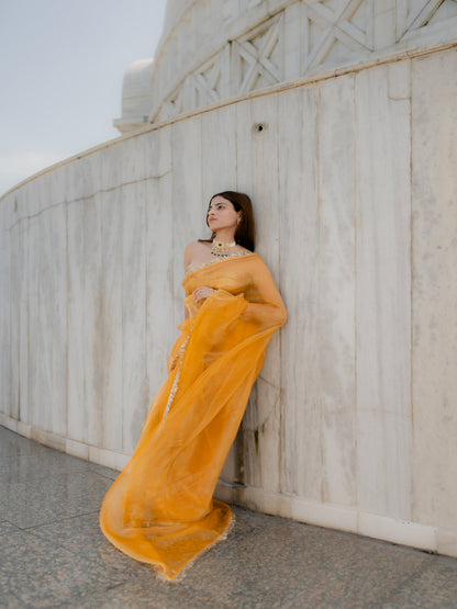 Dhiyona ST Yellow Metallic Organza Chiffon Saree with Sequin Lace & Self Blouse Fabric