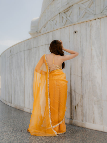 Dhiyona ST Yellow Metallic Organza Chiffon Saree with Sequin Lace & Self Blouse Fabric