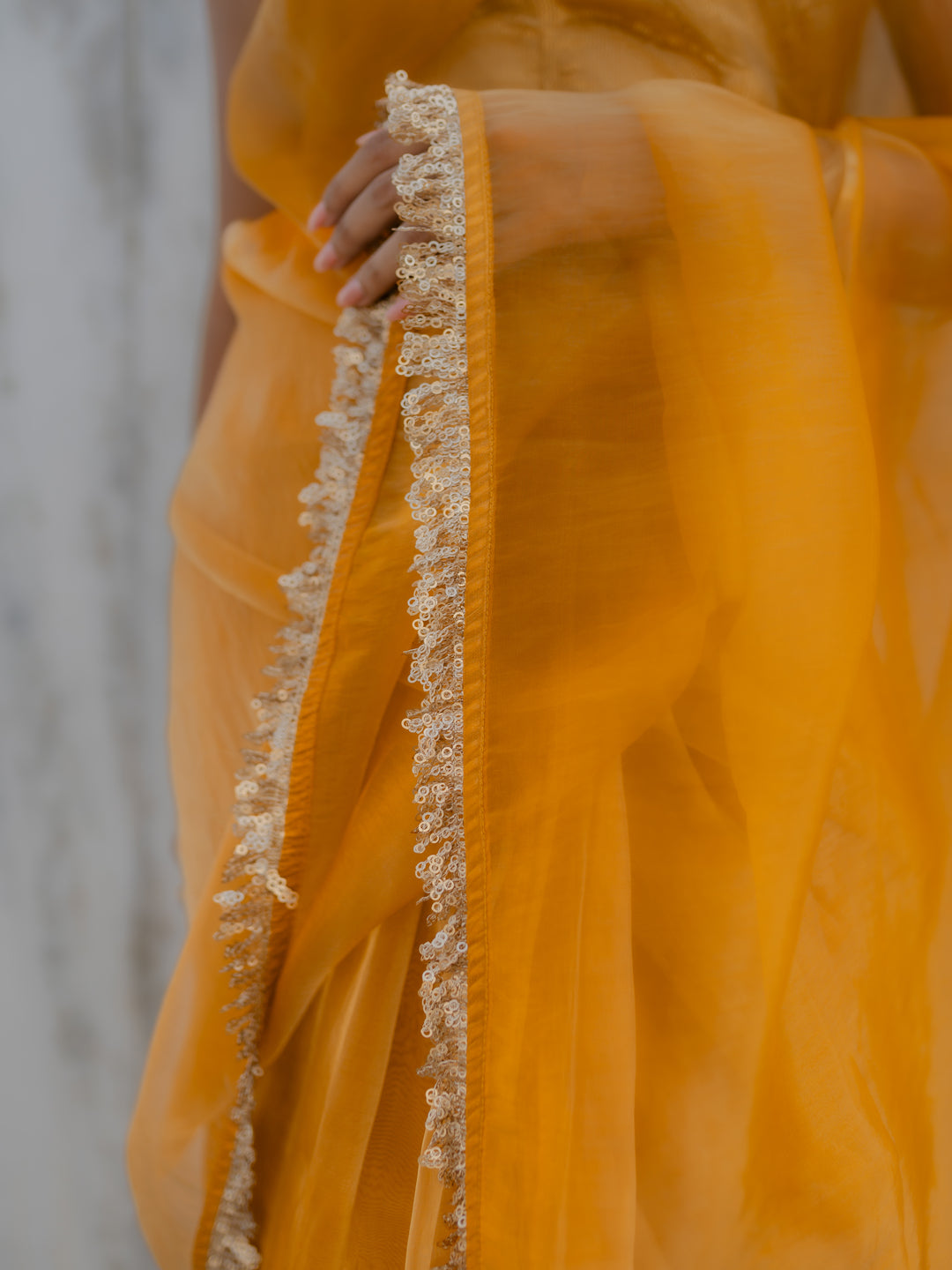 Dhiyona ST Yellow Metallic Organza Chiffon Saree with Sequin Lace & Self Blouse Fabric