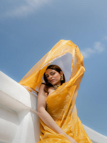 Dhiyona ST Yellow Metallic Organza Chiffon Saree with Sequin Lace & Self Blouse Fabric