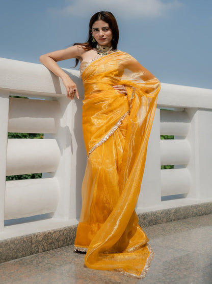 Dhiyona ST Yellow Metallic Organza Chiffon Saree with Sequin Lace & Self Blouse Fabric