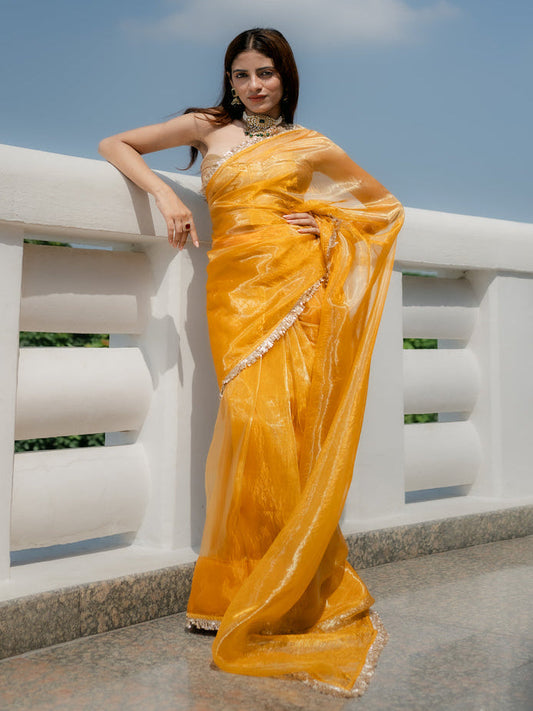 Dhiyona ST Yellow Metallic Organza Chiffon Saree with Sequin Lace & Self Blouse Fabric
