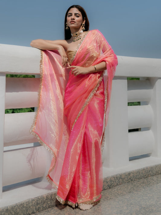 Dhiyona ST Pink Orange Metallic Organza Chiffon Saree with Sequin Lace and Self Blouse Fabric