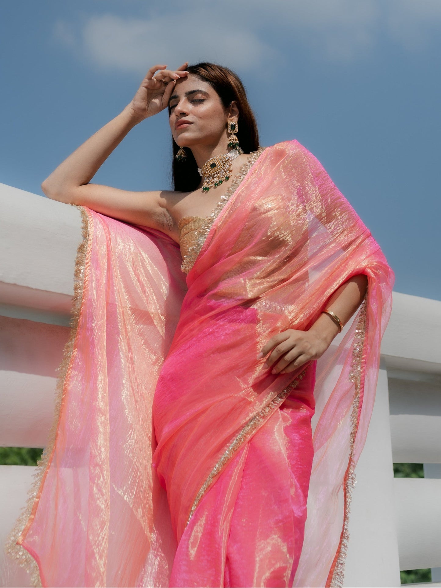 Dhiyona ST Pink Orange Metallic Organza Chiffon Saree with Sequin Lace and Self Blouse Fabric