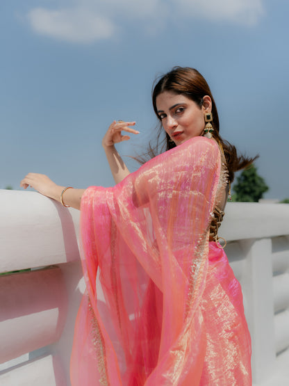 Dhiyona ST Pink Orange Metallic Organza Chiffon Saree with Sequin Lace and Self Blouse Fabric