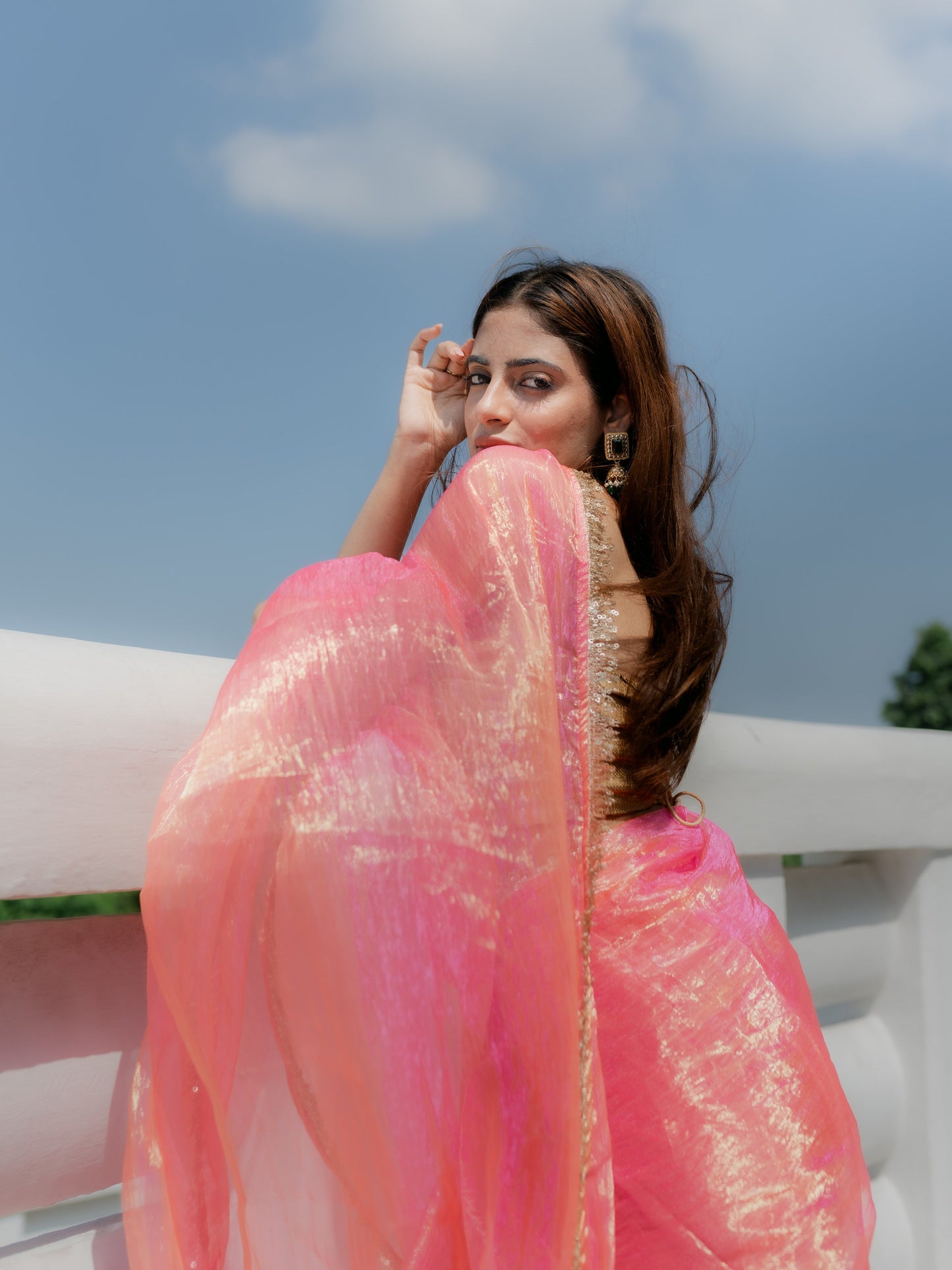 Dhiyona ST Pink Orange Metallic Organza Chiffon Saree with Sequin Lace and Self Blouse Fabric