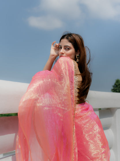 Dhiyona ST Pink Orange Metallic Organza Chiffon Saree with Sequin Lace and Self Blouse Fabric