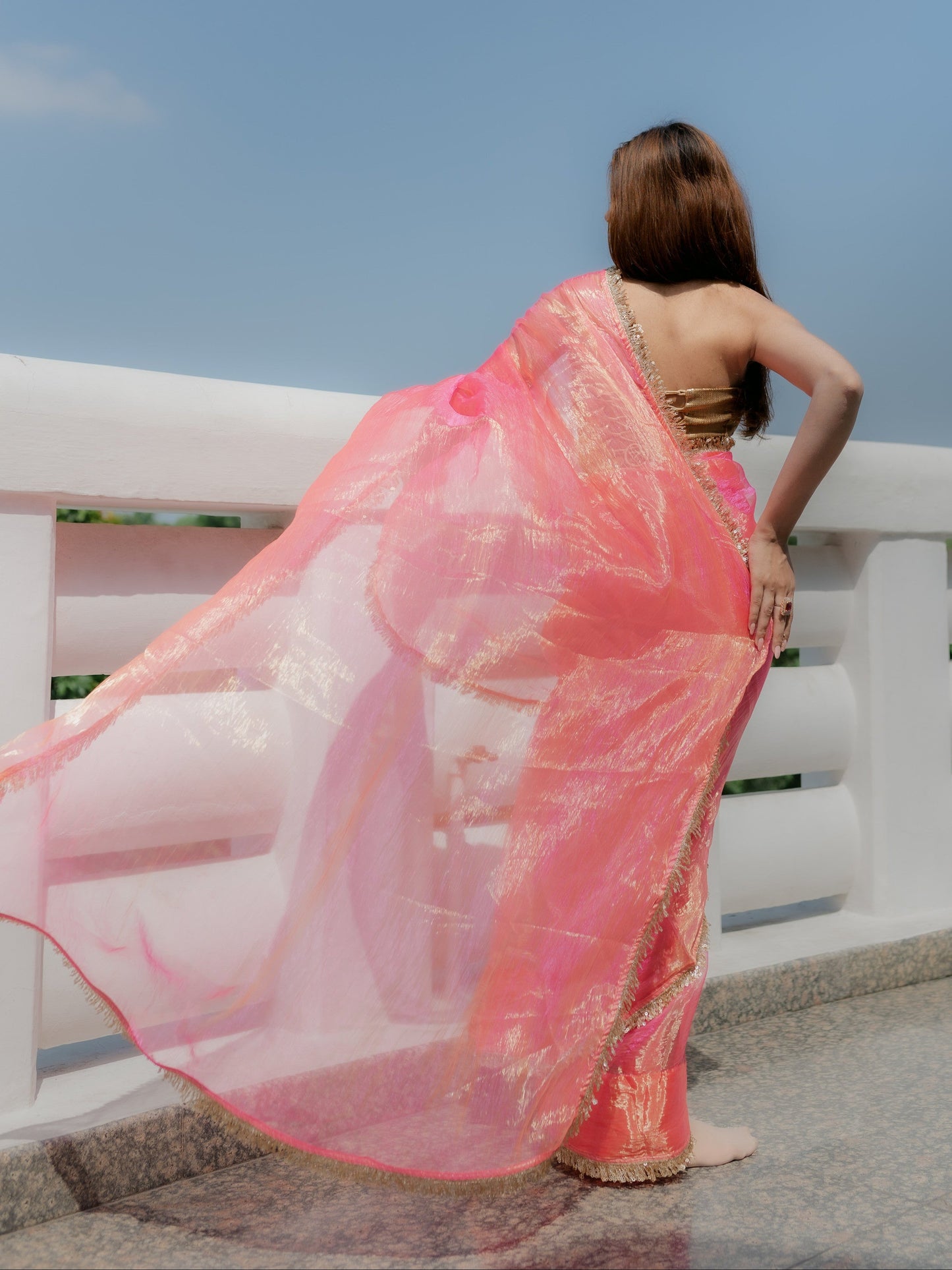 Dhiyona ST Pink Orange Metallic Organza Chiffon Saree with Sequin Lace and Self Blouse Fabric