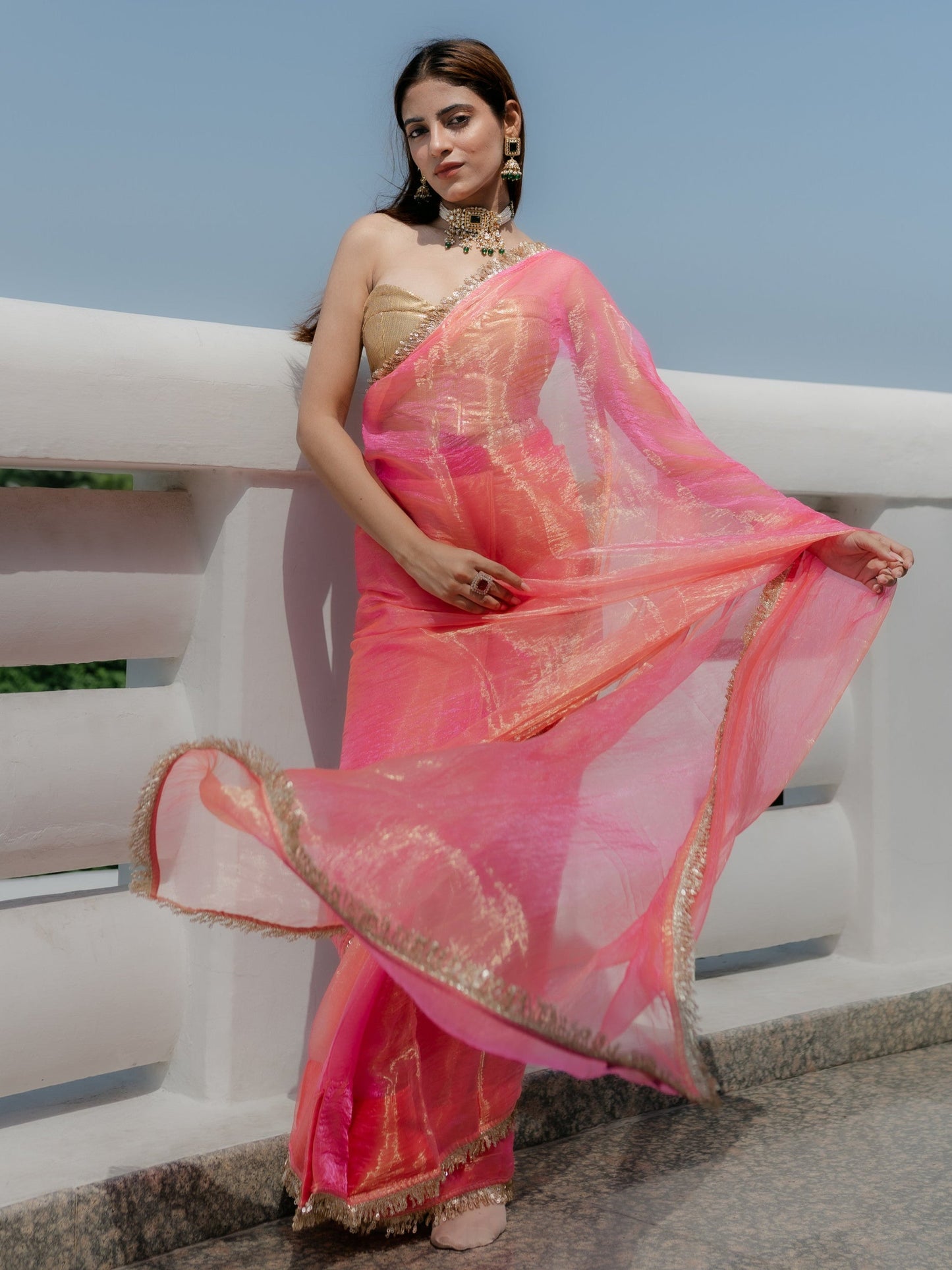 Dhiyona ST Pink Orange Metallic Organza Chiffon Saree with Sequin Lace and Self Blouse Fabric