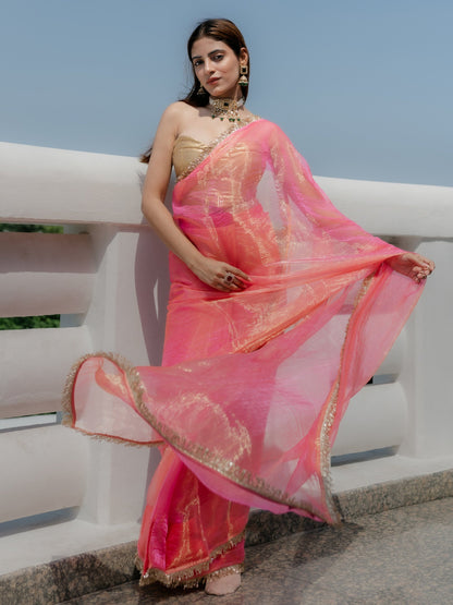 Dhiyona ST Pink Orange Metallic Organza Chiffon Saree with Sequin Lace and Self Blouse Fabric