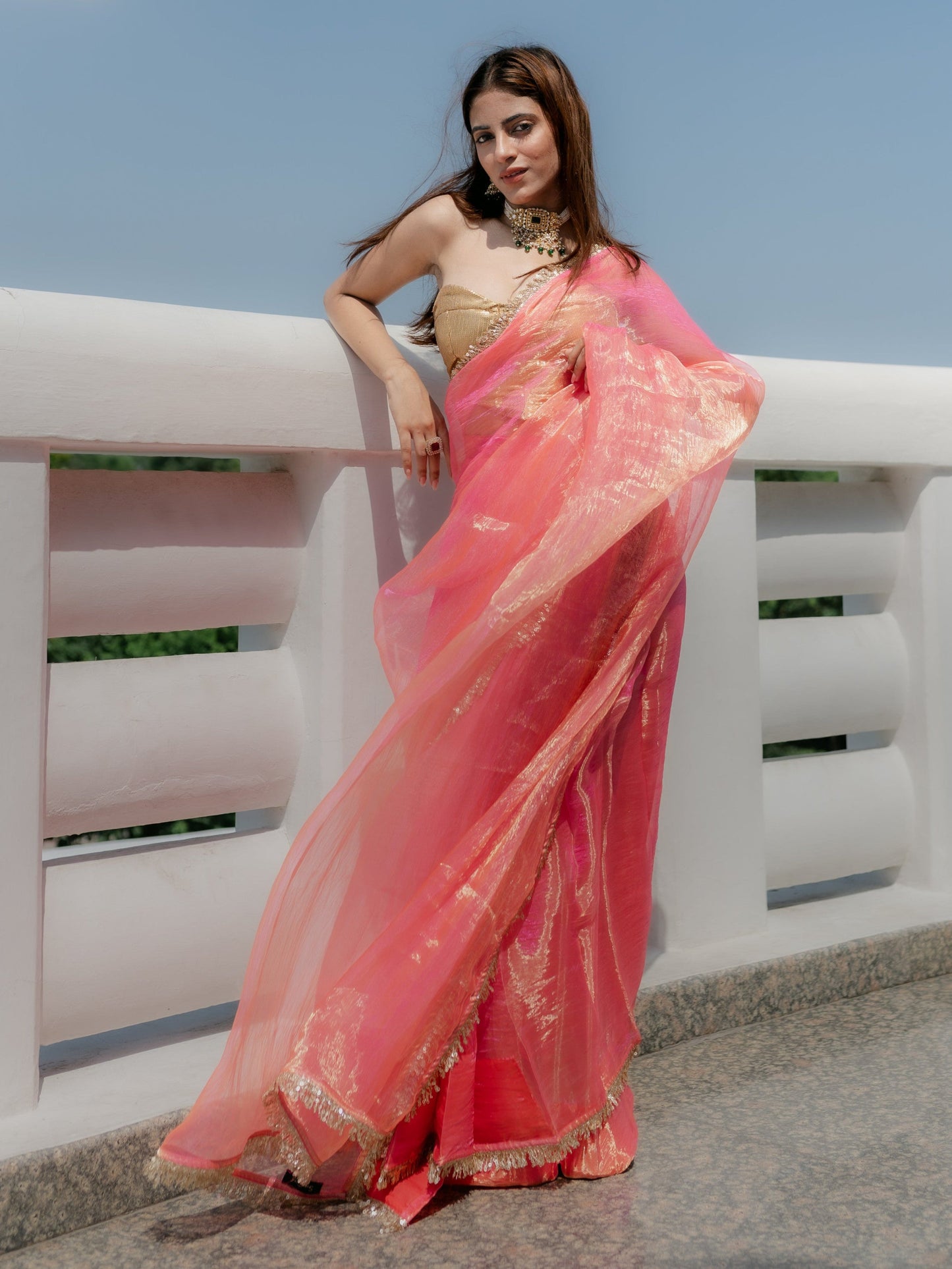 Dhiyona ST Pink Orange Metallic Organza Chiffon Saree with Sequin Lace and Self Blouse Fabric