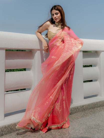 Dhiyona ST Pink Orange Metallic Organza Chiffon Saree with Sequin Lace and Self Blouse Fabric