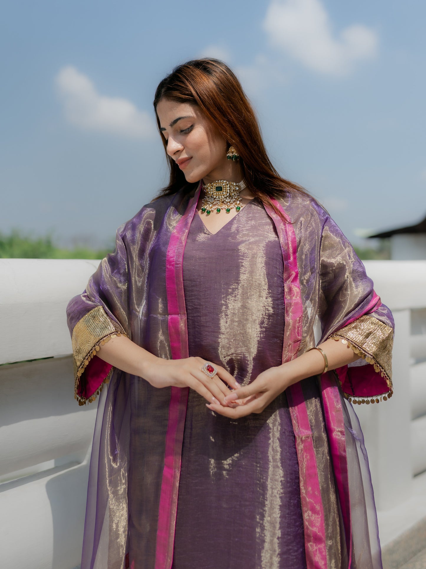 Dhiyona ST 3-Piece Suit Set – Purple Organza Kurta with Zari Sleeves & Dupatta with Pink Piping