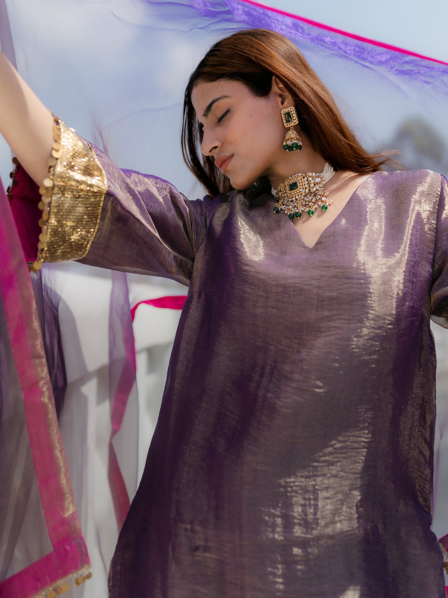 Dhiyona ST 3-Piece Suit Set – Purple Organza Kurta with Zari Sleeves & Dupatta with Pink Piping