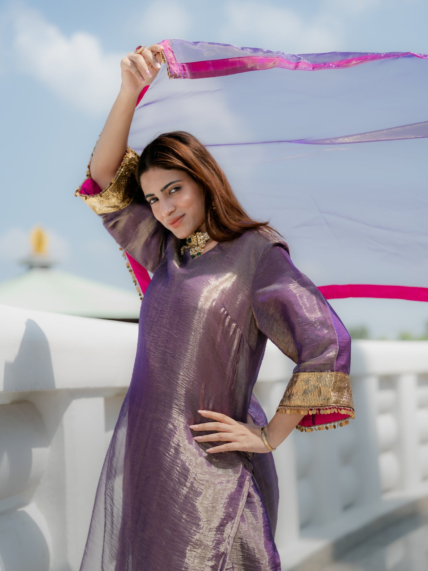 Dhiyona ST 3-Piece Suit Set – Purple Organza Kurta with Zari Sleeves & Dupatta with Pink Piping