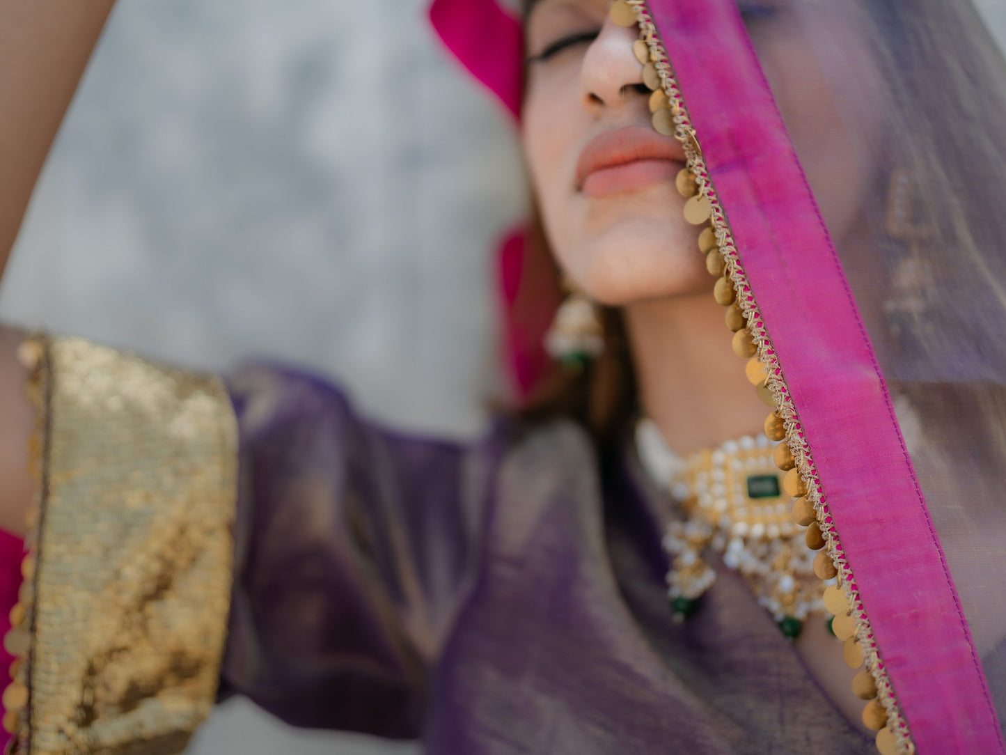 Dhiyona ST 3-Piece Suit Set – Purple Organza Kurta with Zari Sleeves & Dupatta with Pink Piping