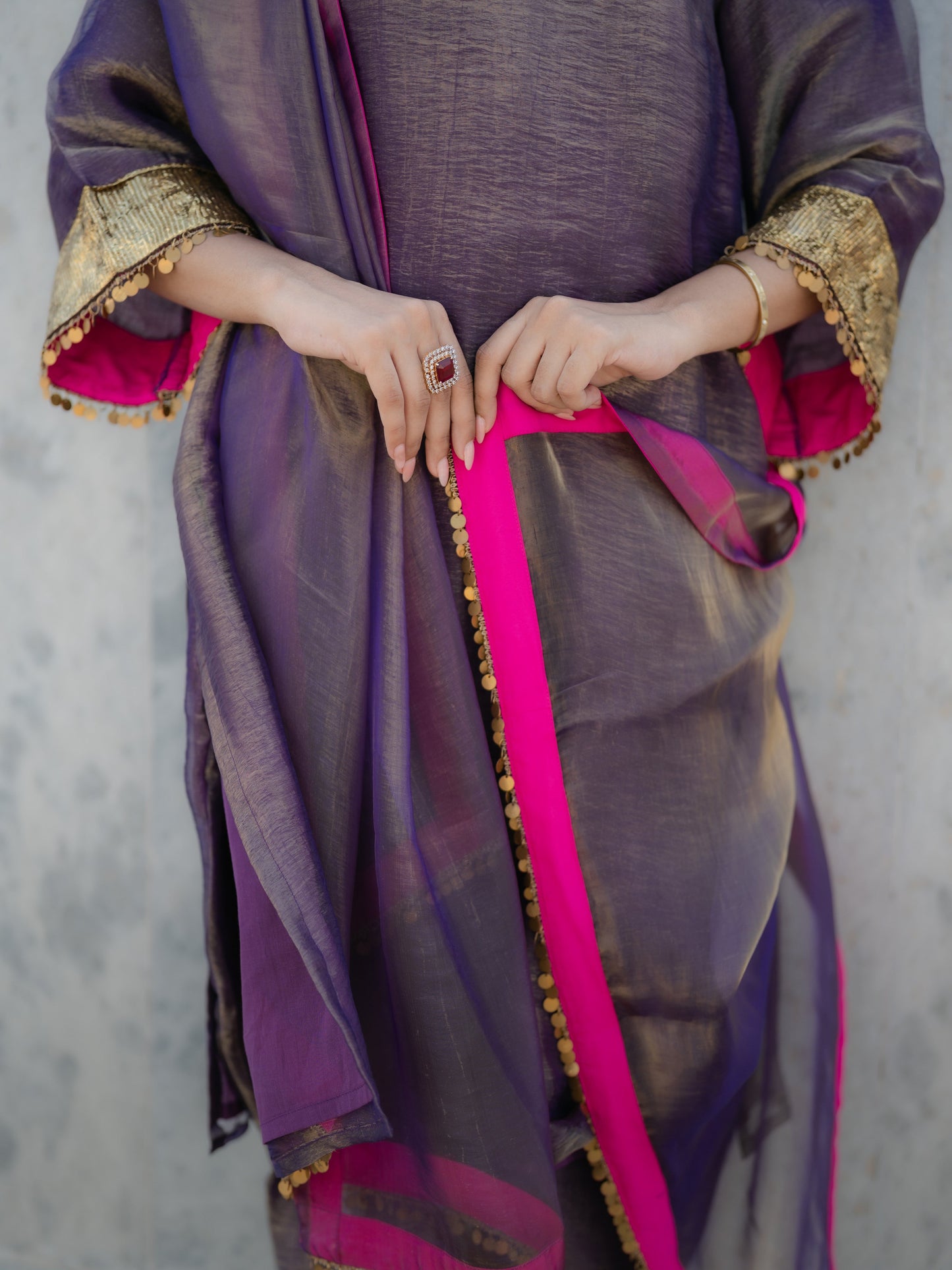 Dhiyona ST 3-Piece Suit Set – Purple Organza Kurta with Zari Sleeves & Dupatta with Pink Piping
