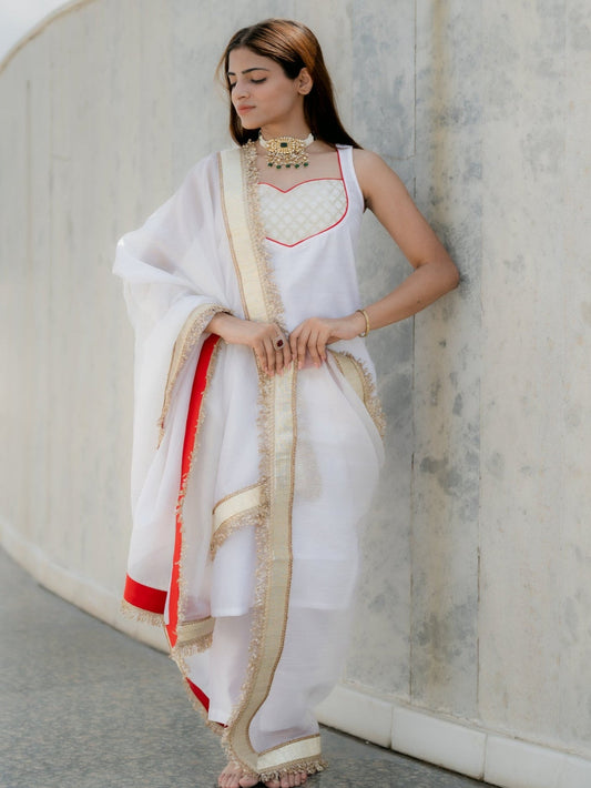 Dhiyona ST 3 Pc Suit Set - Airskin Shoe String Back Kurta with Gold Yoke and Red Piping, Pant and Laced Organza Golden Dupatta with Red backing
