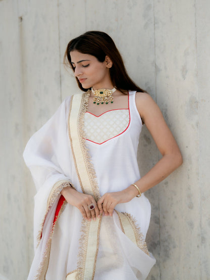 Dhiyona ST 3 Pc Suit Set - Airskin Shoe String Back Kurta with Gold Yoke and Red Piping, Pant and Laced Organza Golden Dupatta with Red backing
