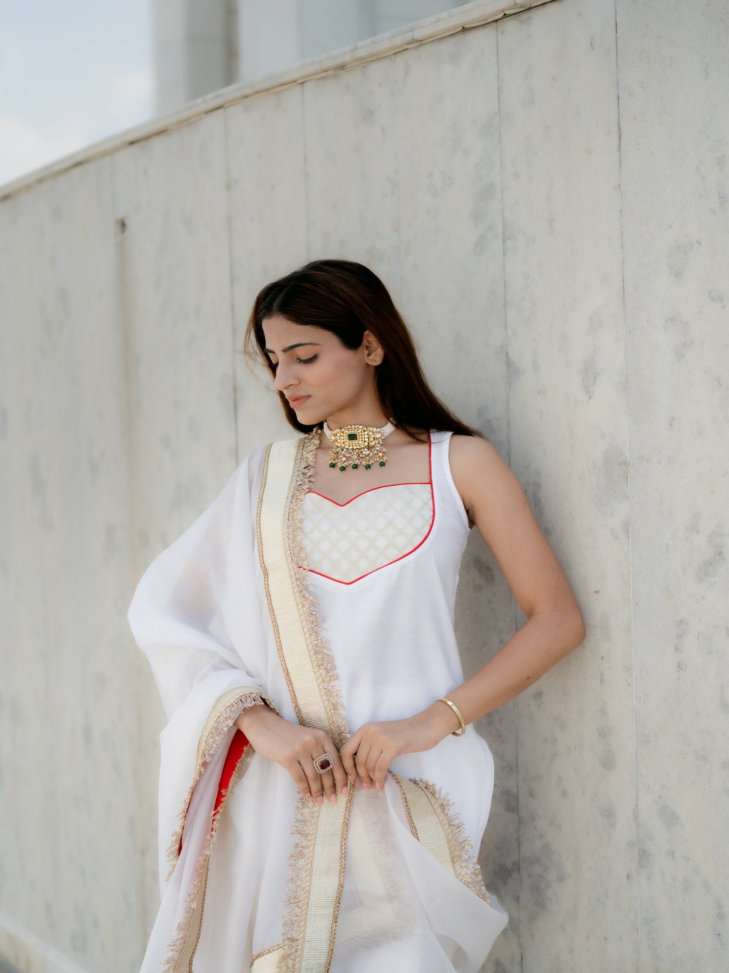 Dhiyona ST 3 Pc Suit Set - Airskin Shoe String Back Kurta with Gold Yoke and Red Piping, Pant and Laced Organza Golden Dupatta with Red backing