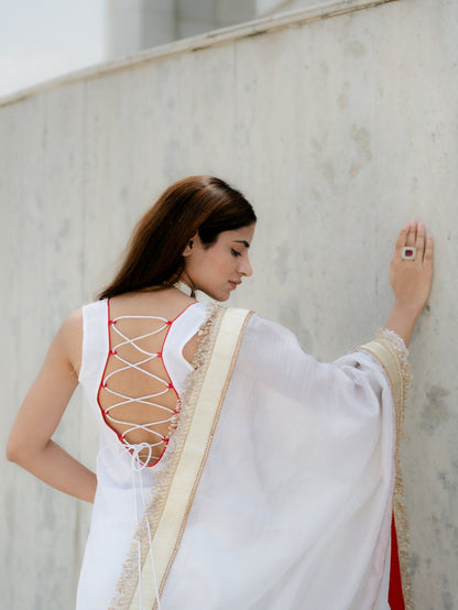Dhiyona ST 3 Pc Suit Set - Airskin Shoe String Back Kurta with Gold Yoke and Red Piping, Pant and Laced Organza Golden Dupatta with Red backing