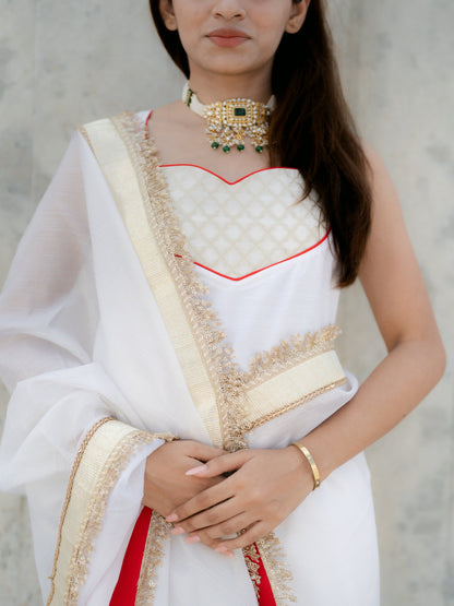 Dhiyona ST 3 Pc Suit Set - Airskin Shoe String Back Kurta with Gold Yoke and Red Piping, Pant and Laced Organza Golden Dupatta with Red backing