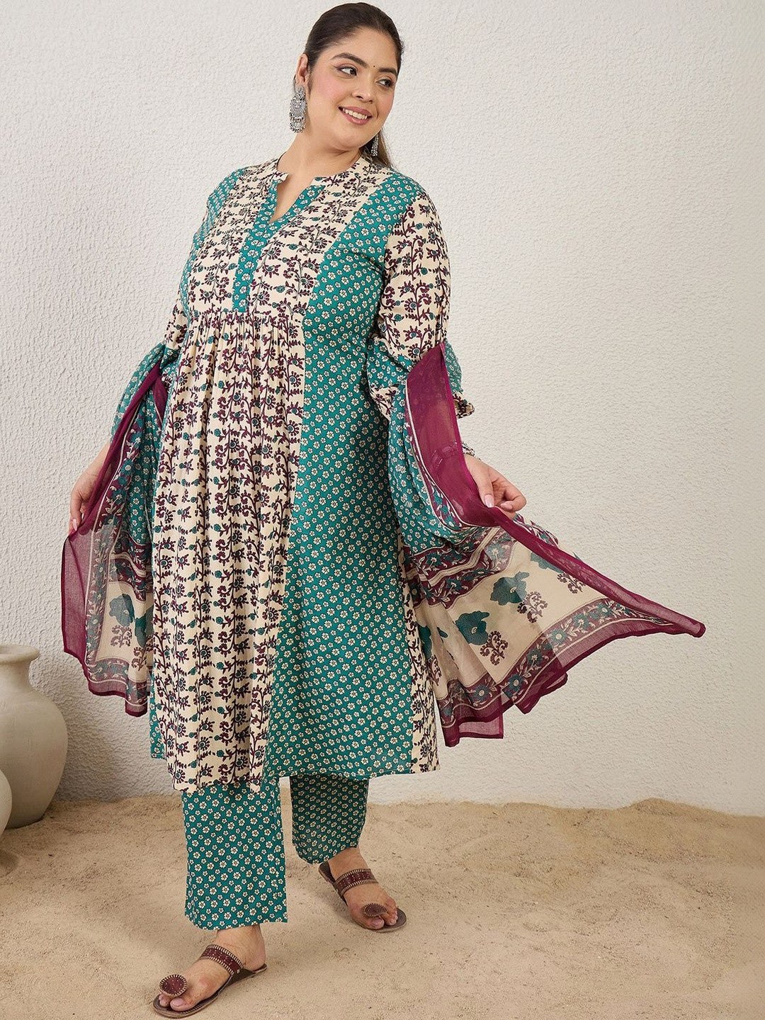 Plus Size Multi Printed A-Line Kurta Trousers With Dupatta Set