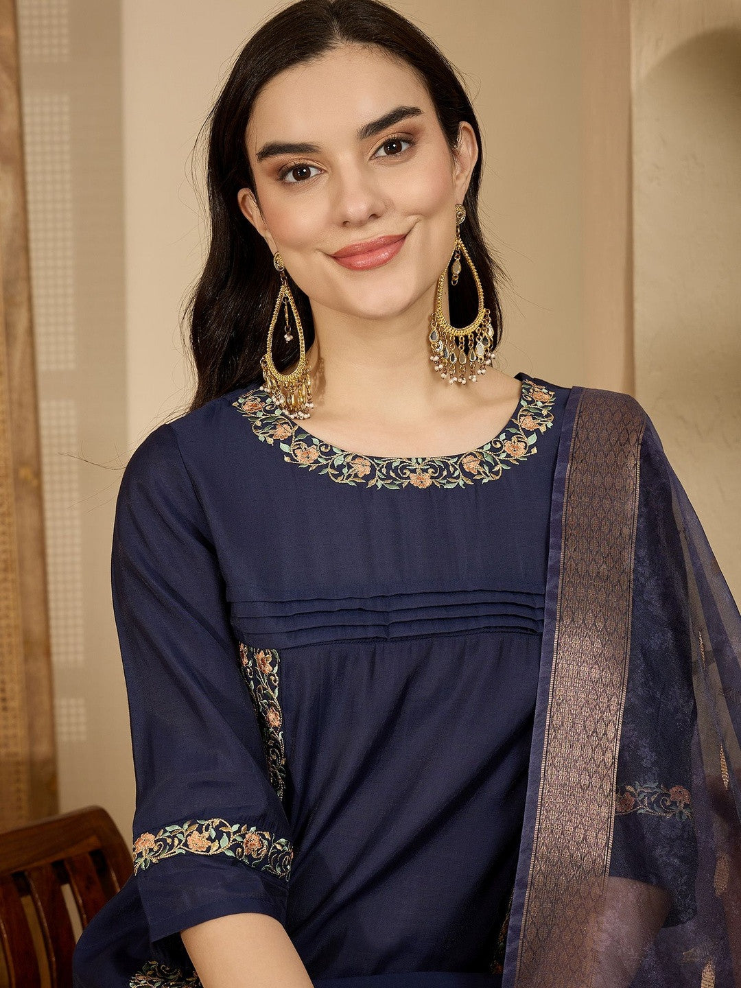 Floral Embroidered Pleated Thread Work Straight Kurta With Palazzos & Dupatta