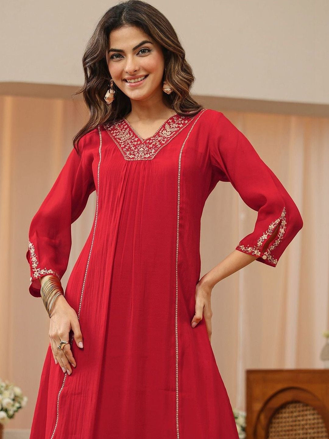 Red Embellished Yoke A-Line Suit Set